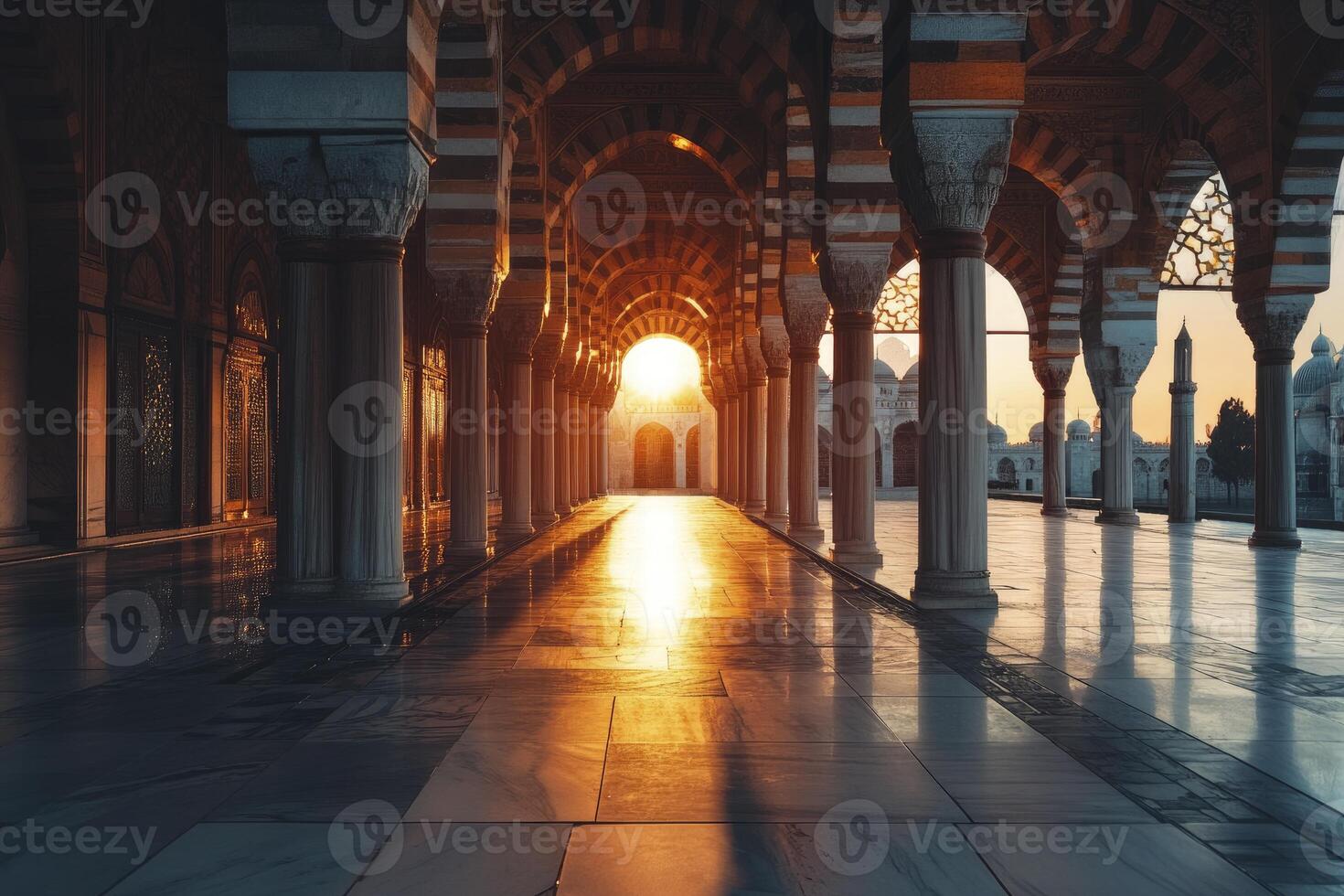 Sunlight Streaming Through Mosque Arches with Columns and Reflection photo