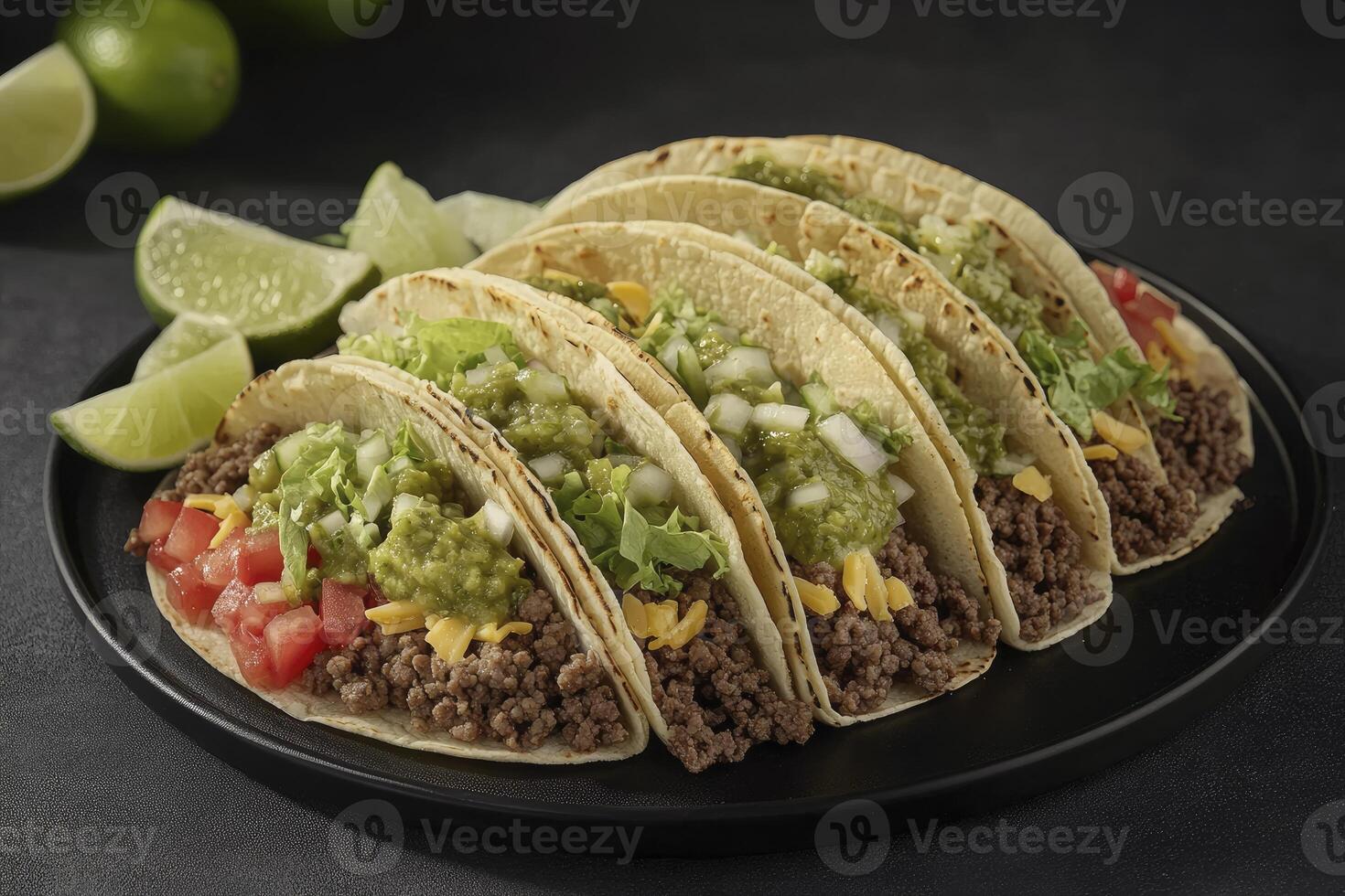Serving of Delicious Tacos with Ground Beef, Guacamole, and Vegetables photo