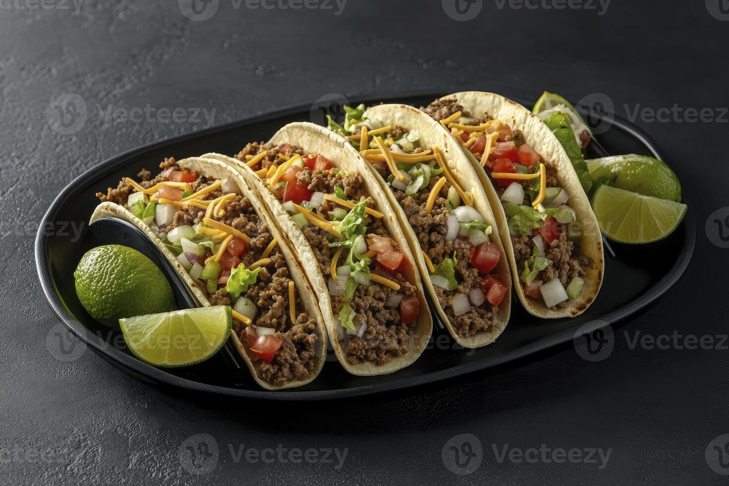 Delicious Beef Tacos with Lime on Dark Plate Ready to Eat photo