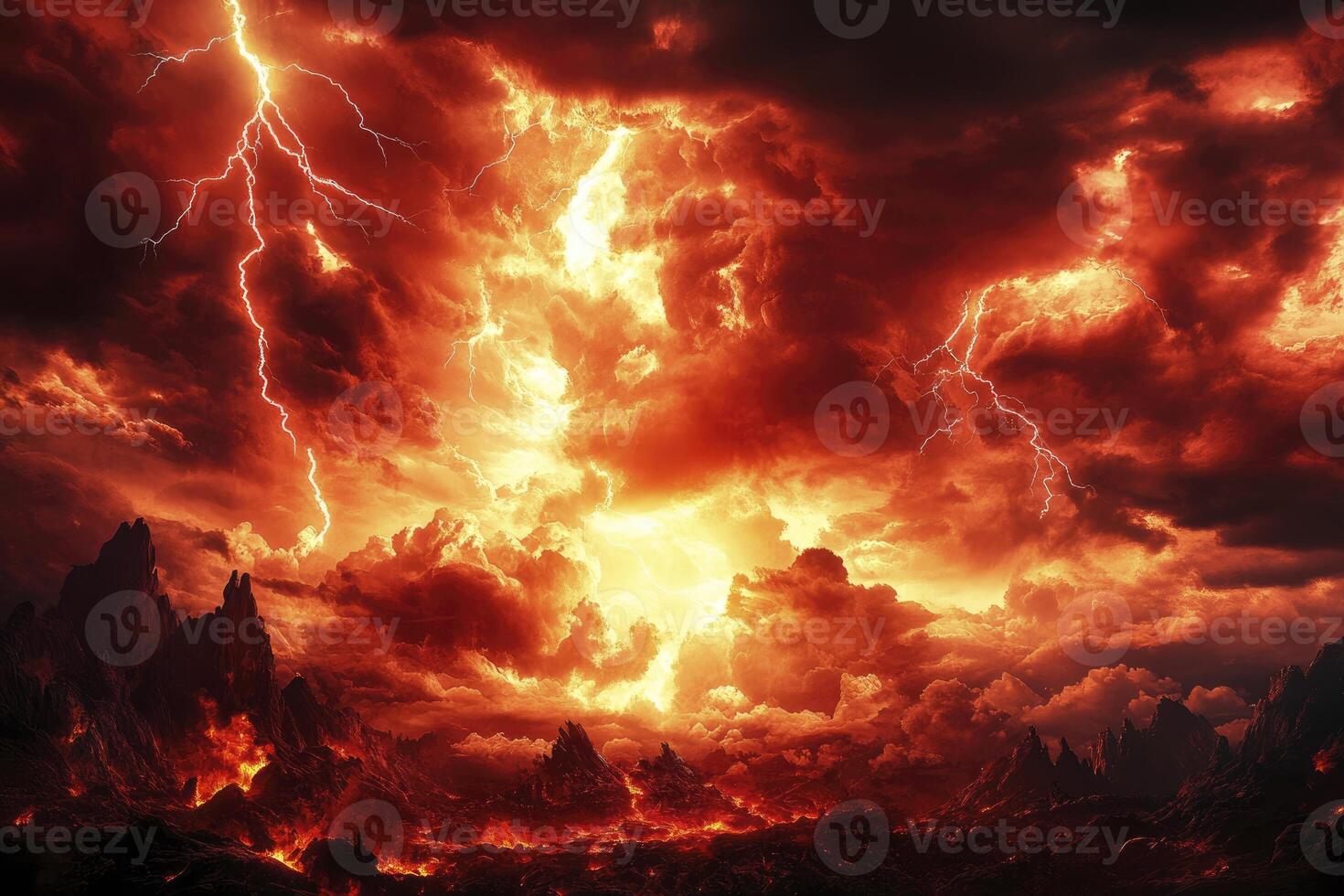 Lightning Storm Over Fiery Landscape with Dark Red Clouds and Mountains photo