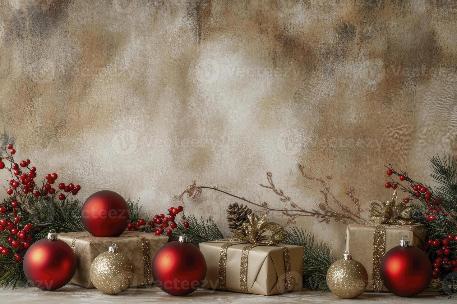 Festive Christmas Still Life with Gifts, Ornaments, and Berries photo