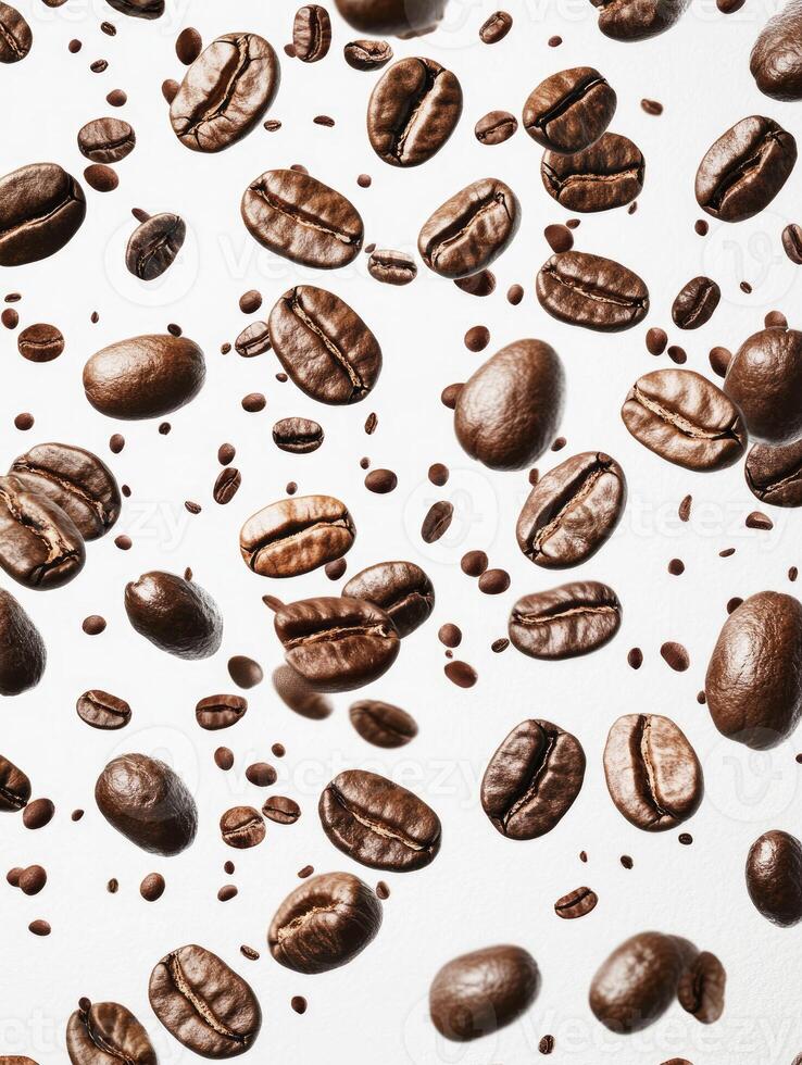 Roasted Coffee Beans Floating in Air Against a Light Background photo