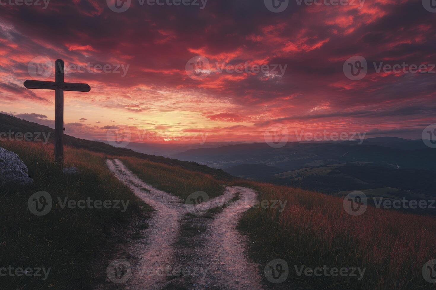 Cross and Forked Path at Sunset Symbolizing Choice and Spiritual Journey photo