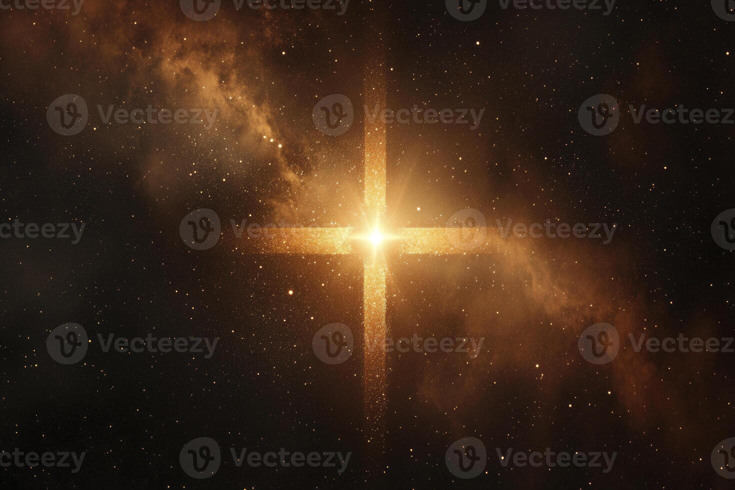 Glowing Cross in Cosmic Space with Stars and Nebula Background photo