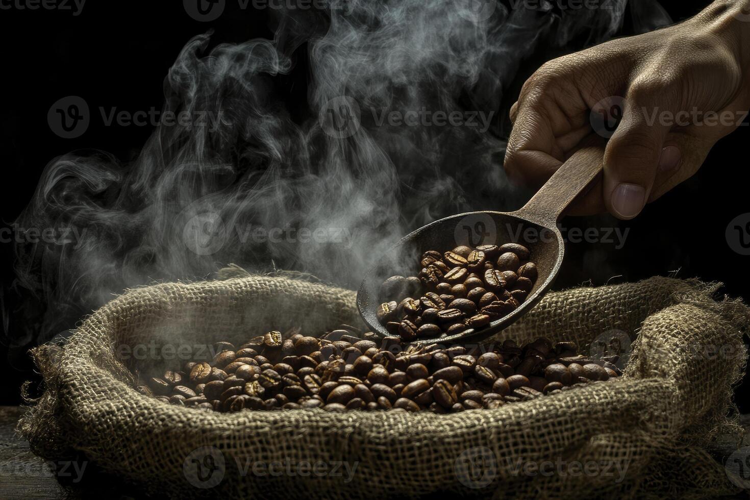 Scooping Steaming Roasted Coffee Beans From Burlap Sack with Wooden Spoon photo