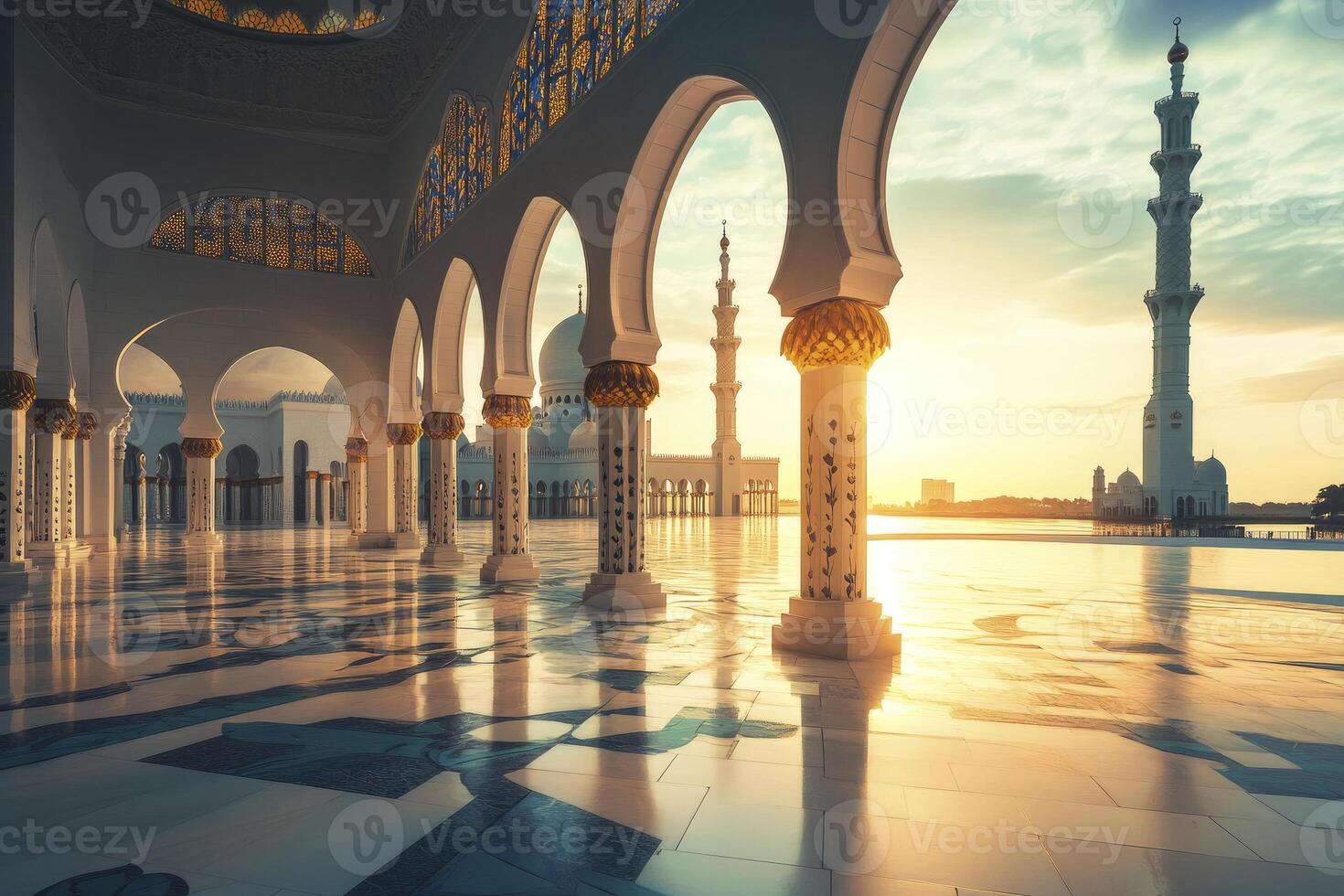 Exploring Grand Mosque Architecture at Sunset with Marble Reflections photo