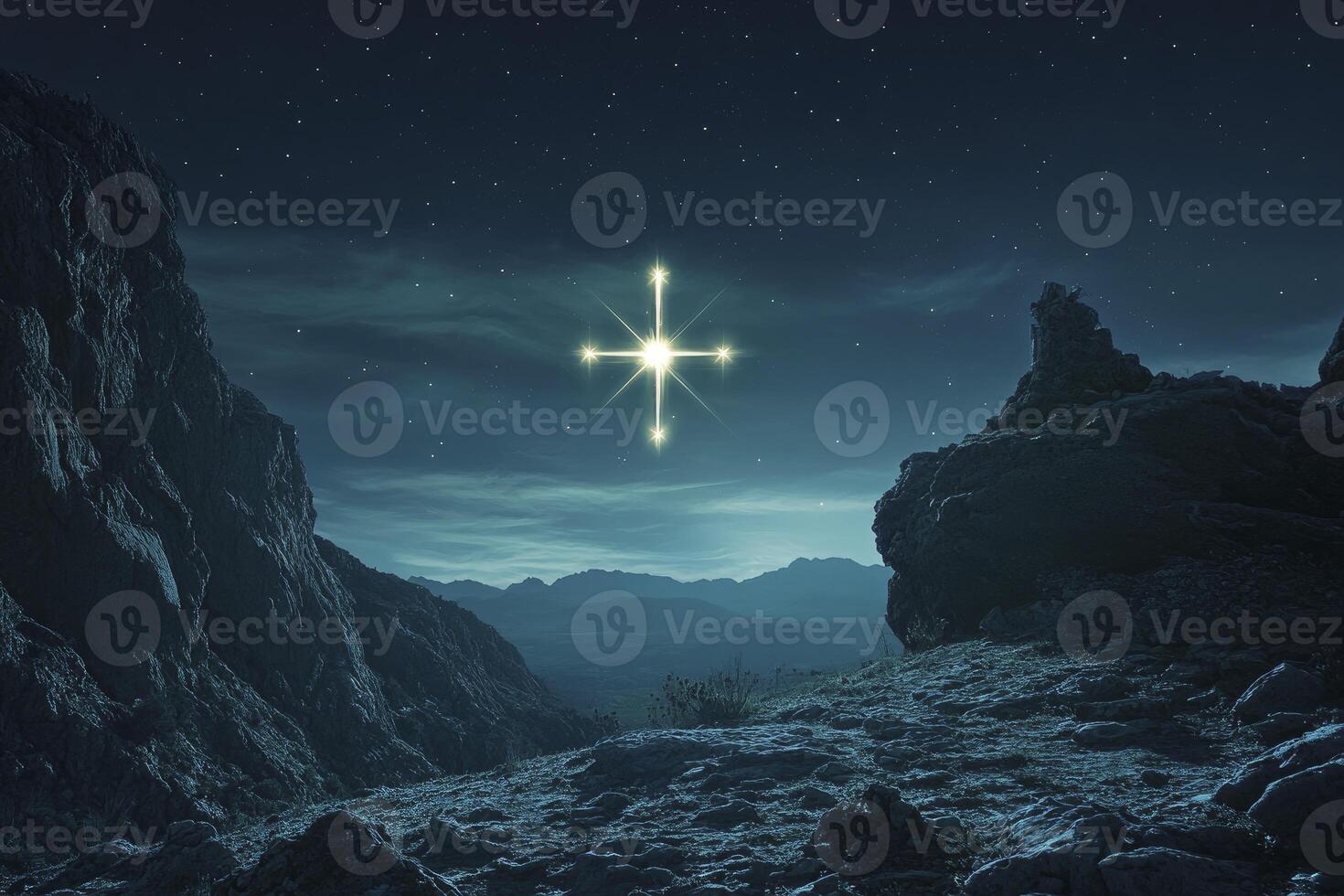 Glowing Star Over a Mountainous Landscape at Night Creating a Fantasy Vibe photo