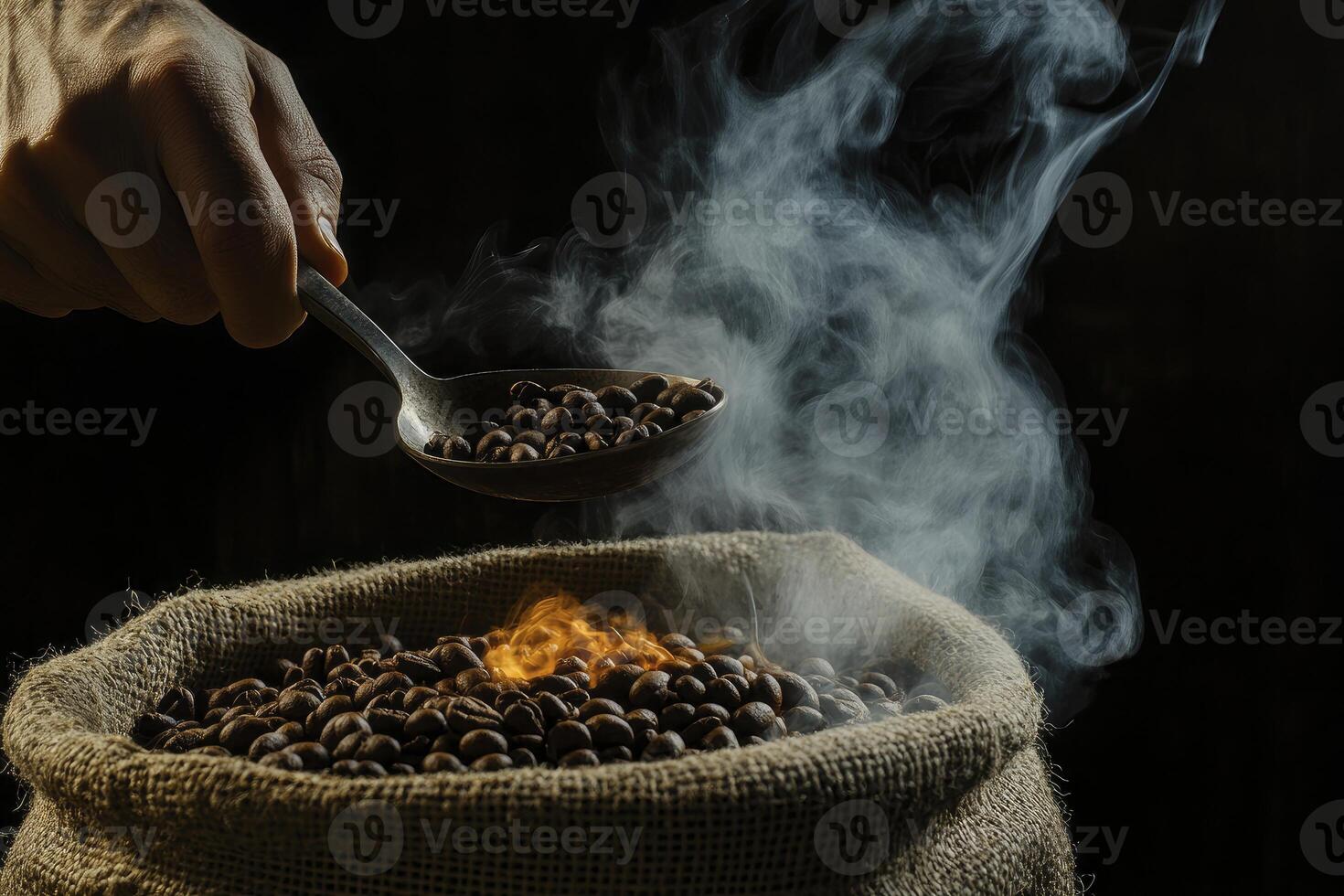 Roasted Coffee Beans in Burlap Bag with Smoke and Hand photo