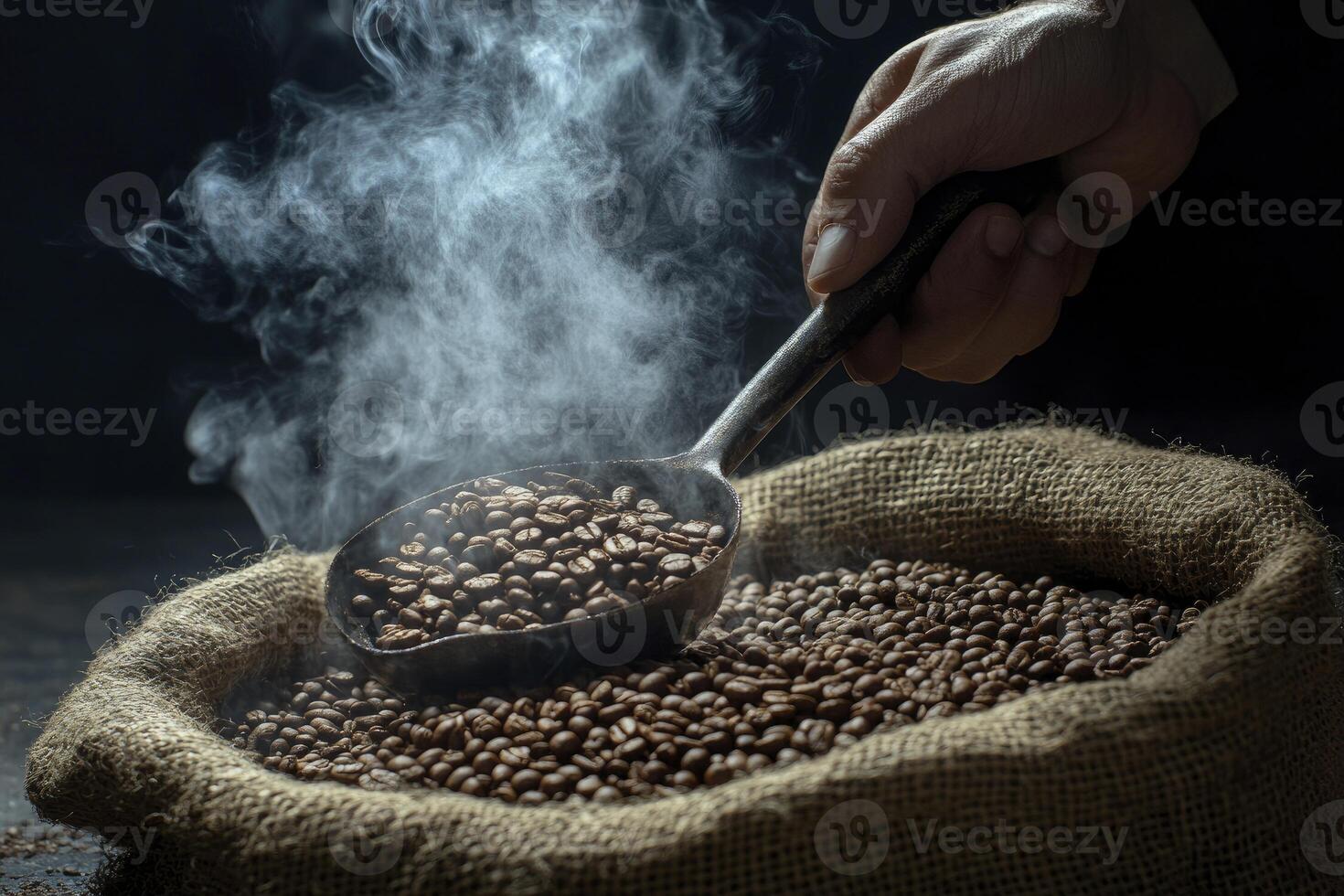 Steaming Coffee Beans in Burlap Sack with Metal Spoon Held by Hand photo