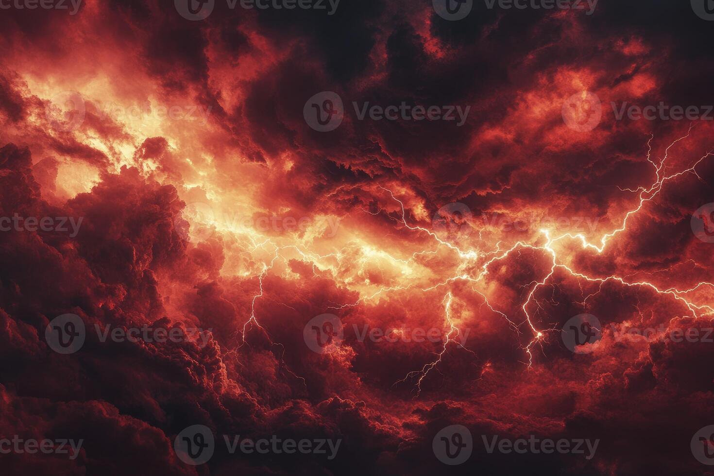 Striking Lightning Storm with Red Sky Clouds Nature Power Concept photo