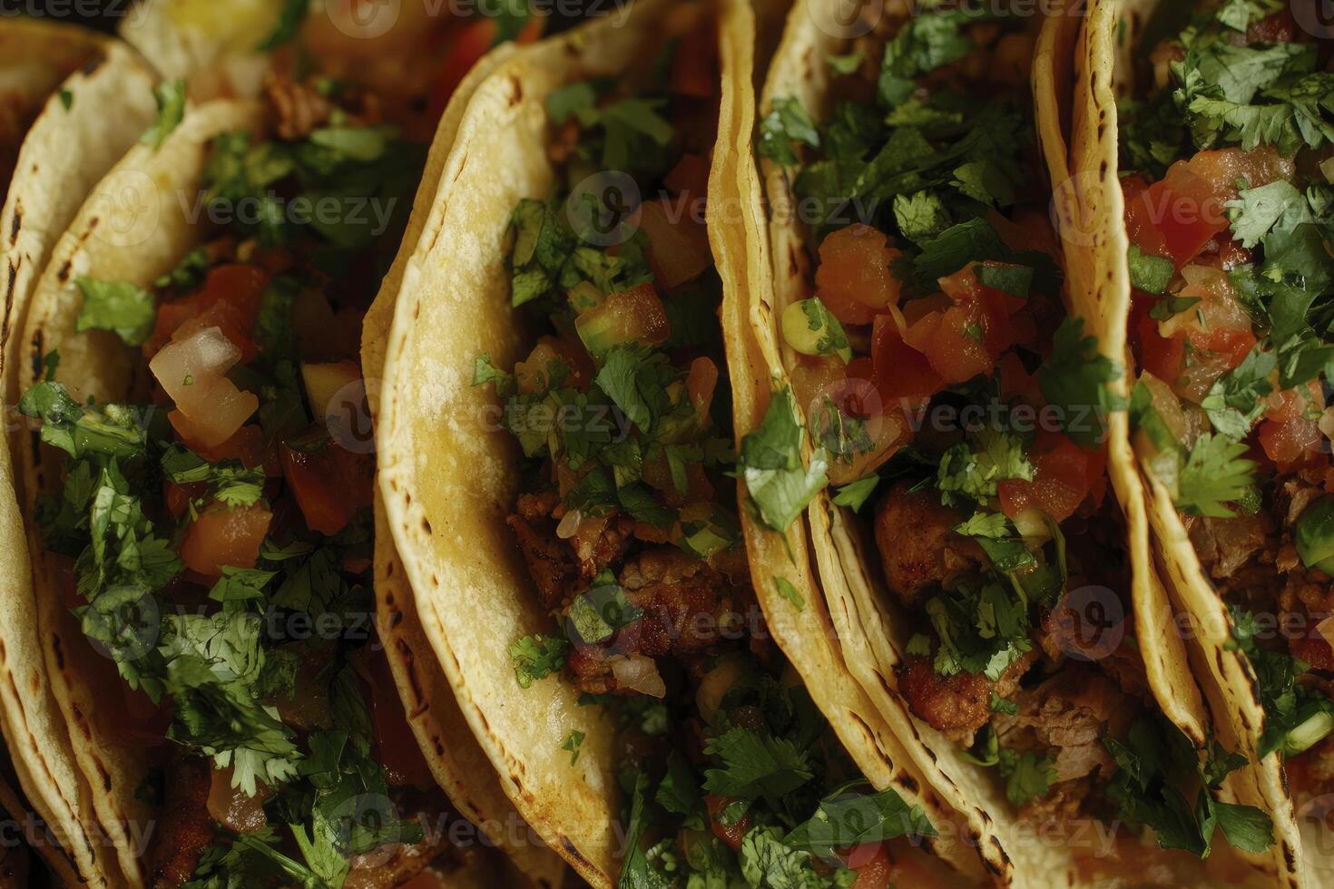 Delicious Tacos with Meat, Salsa and Cilantro Close Up View photo