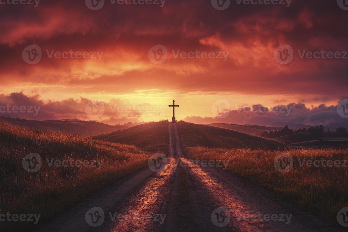 Cross on Hill at Sunset with Winding Path and Dramatic Sky photo