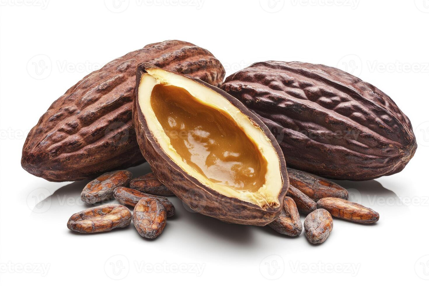 Close Up of Cacao Pods and Beans for Chocolate Making photo