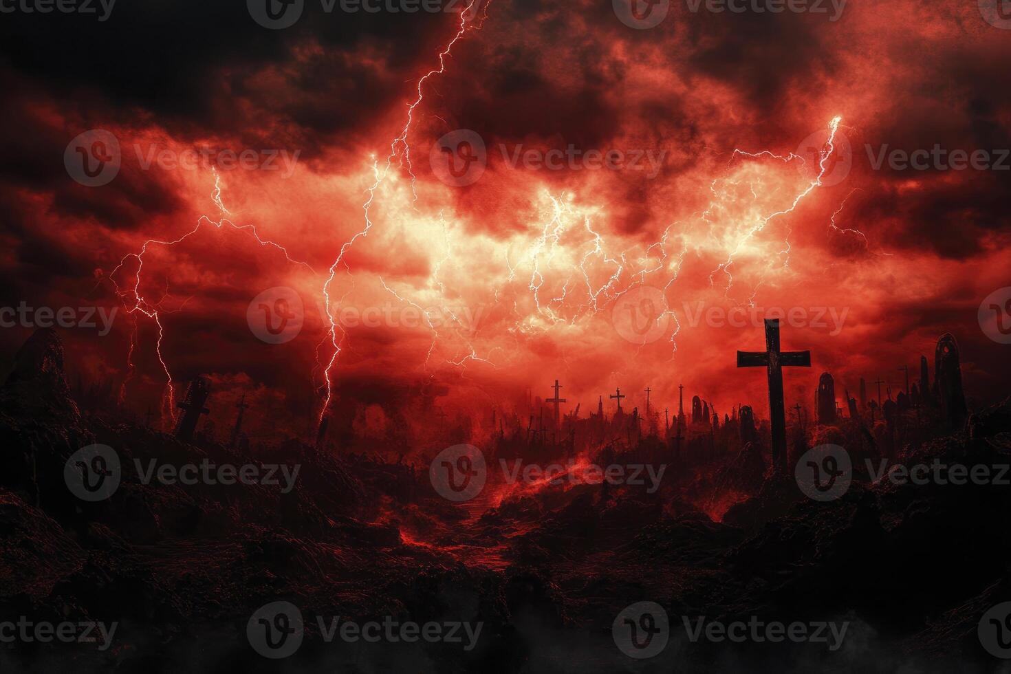 Stormy Graveyard Scene with Lightning Strikes and Dark Red Cloudy Sky photo