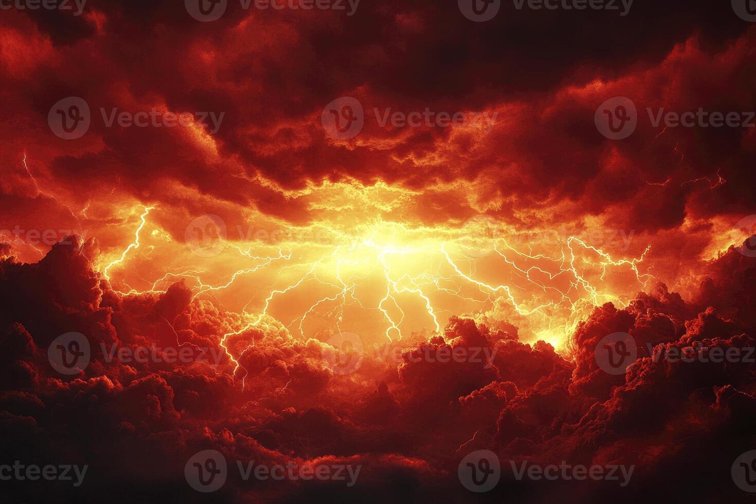 Striking Lightning Storm Over Dark Red Sky with Intense Energy Display photo