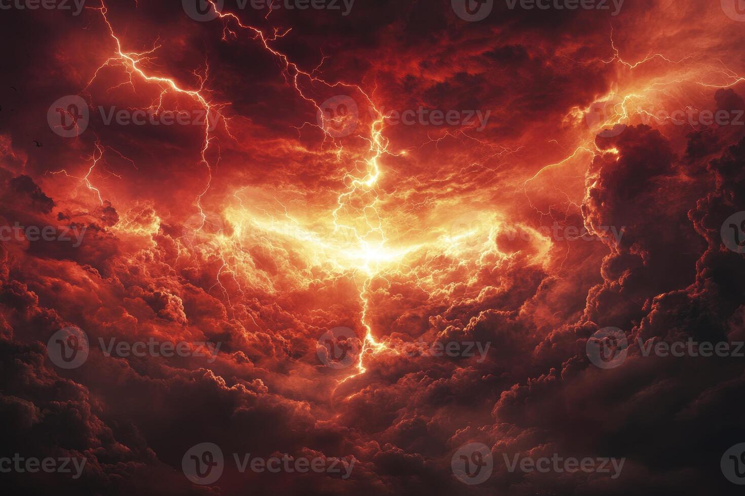 Striking Lightning Bolt Illuminates Dramatic Red Storm Clouds Background photo