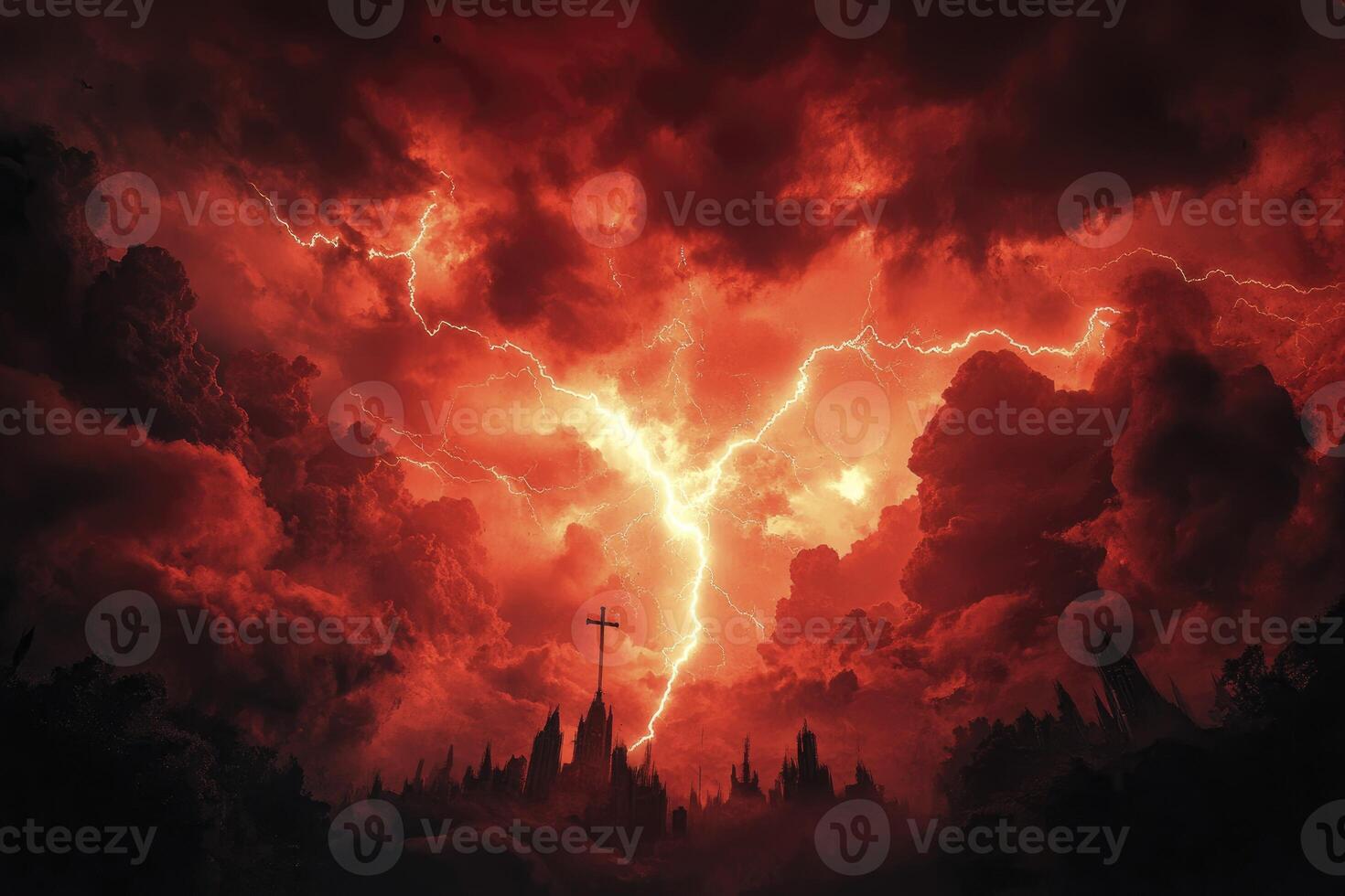 Dramatic Lightning Strikes Cross with Red Clouds in Dark Sky Background photo