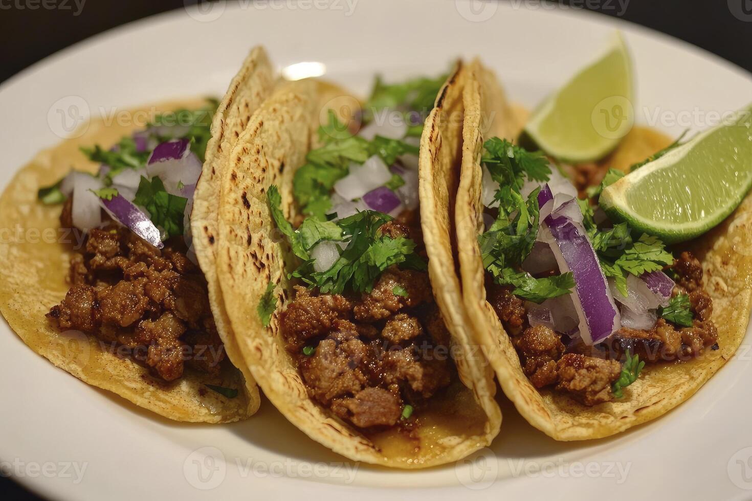 Delicious Authentic Street Tacos with Beef, Cilantro, Onion and Lime photo