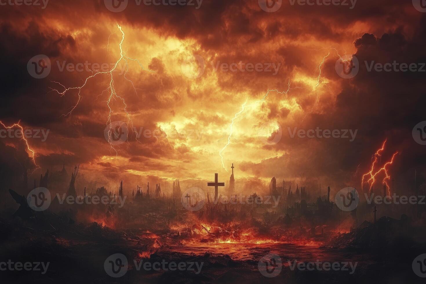 Dramatic Hellscape with Cross and Lightning Bolts Across Fiery Sky photo