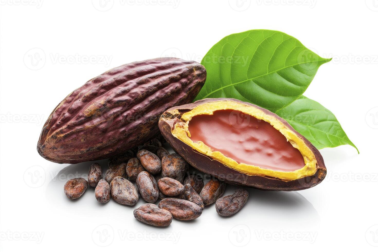 Cocoa Pods and Beans Freshly Harvested with Green Leaves Isolated photo