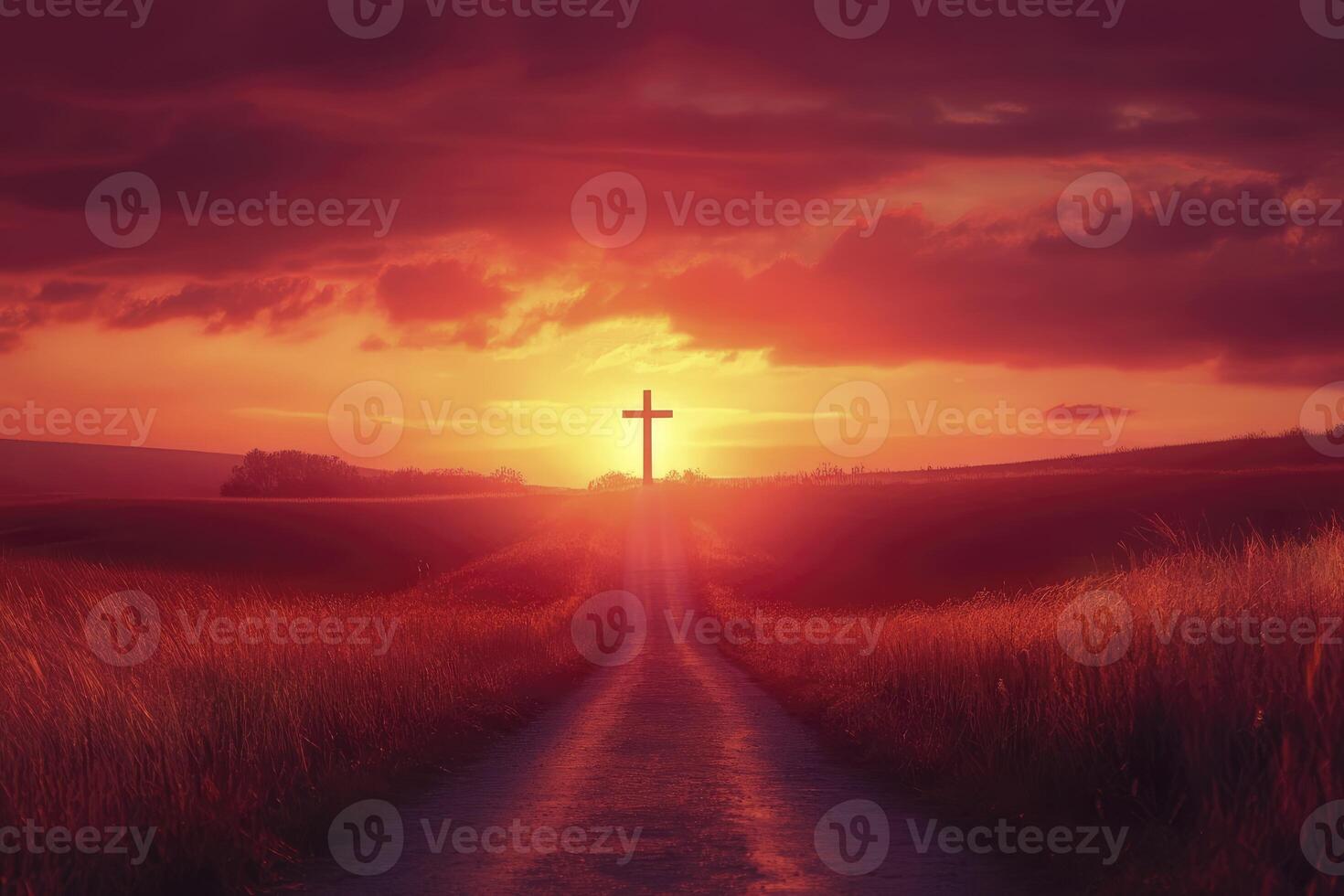 Cross Silhouette Against Dramatic Sunset Sky Over Field Road photo