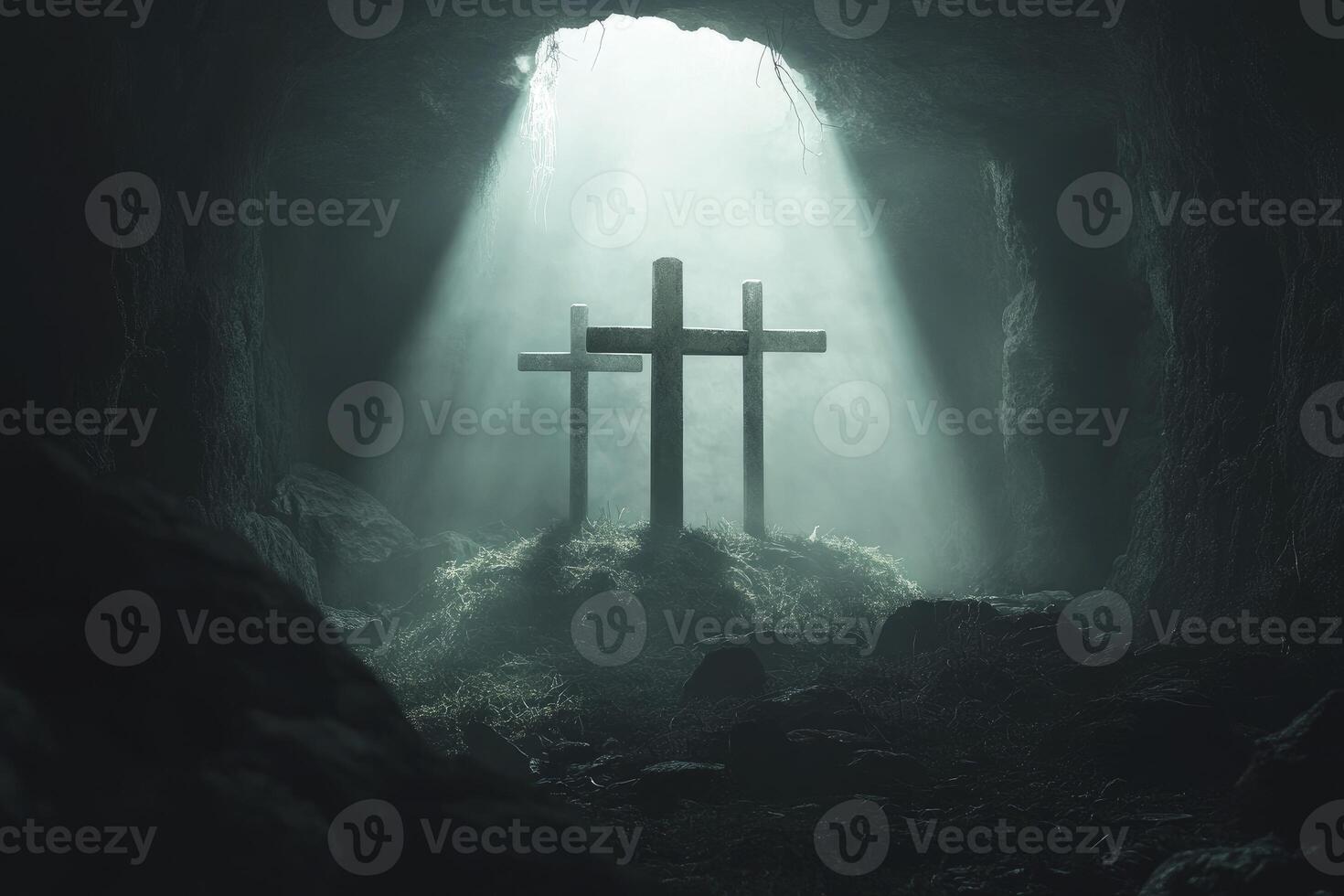 Three Crosses Standing in Light-filled Tomb Representing Resurrection and Hope photo