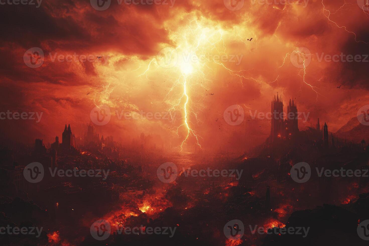 Lightning Strikes Over Ruined Cityscape with Burning Ground and Dark Clouds photo