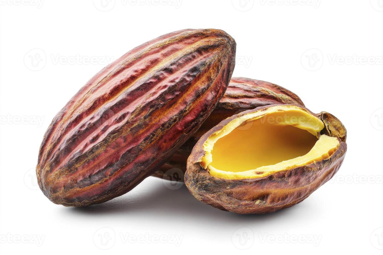Three Cocoa Pods One Opened Showing Pulp, Isolated on White Background photo