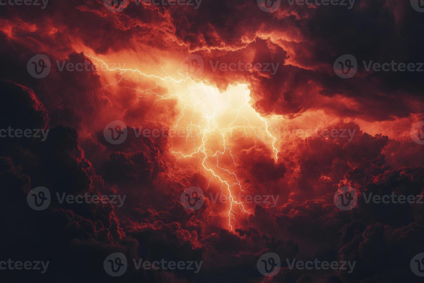 Dramatic Lightning Strike Amidst Red Storm Clouds Creating a Powerful Image photo