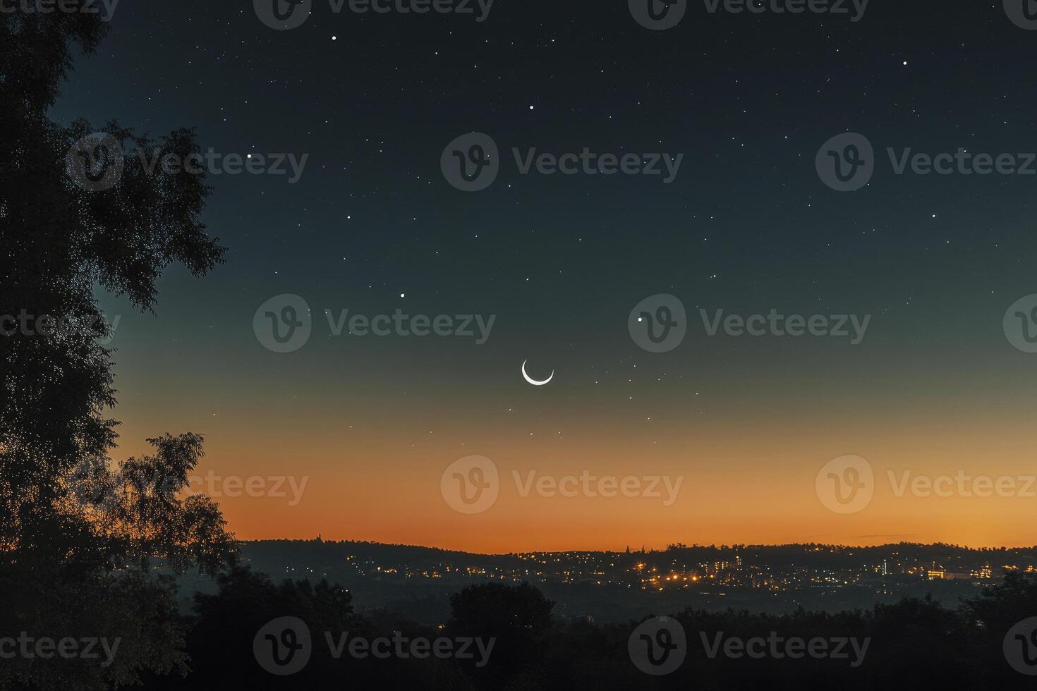 Viewing Crescent Moon and Stars Above City Lights at Dusk photo
