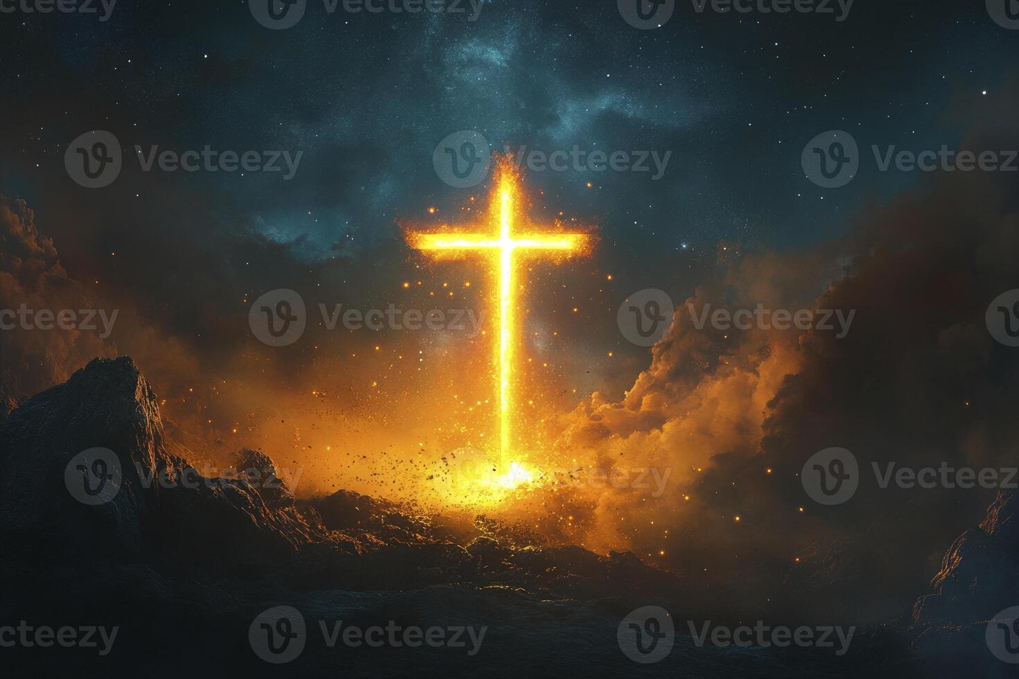 Glowing Cross in Dramatic Sky with Stars, Clouds and Rock Formations photo