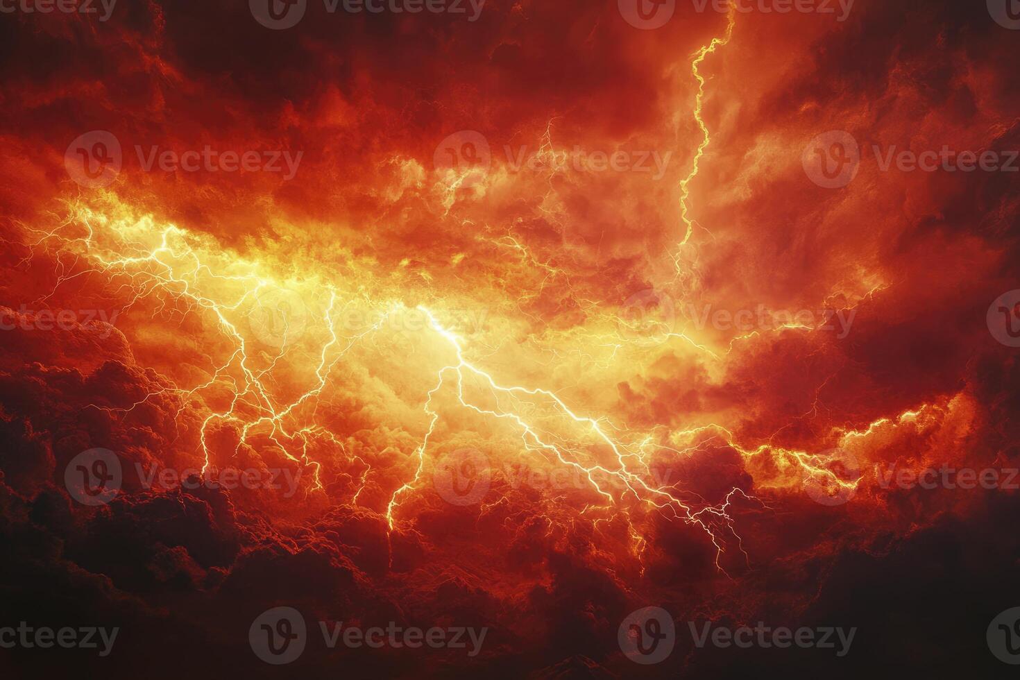Lightning Strikes Through Dramatic Red and Orange Storm Clouds Creating Intensity photo