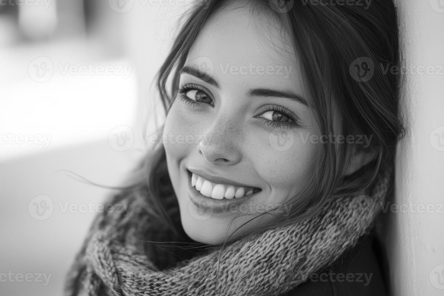 Smiling Woman Portrait Wearing Scarf in Black and White Photography photo