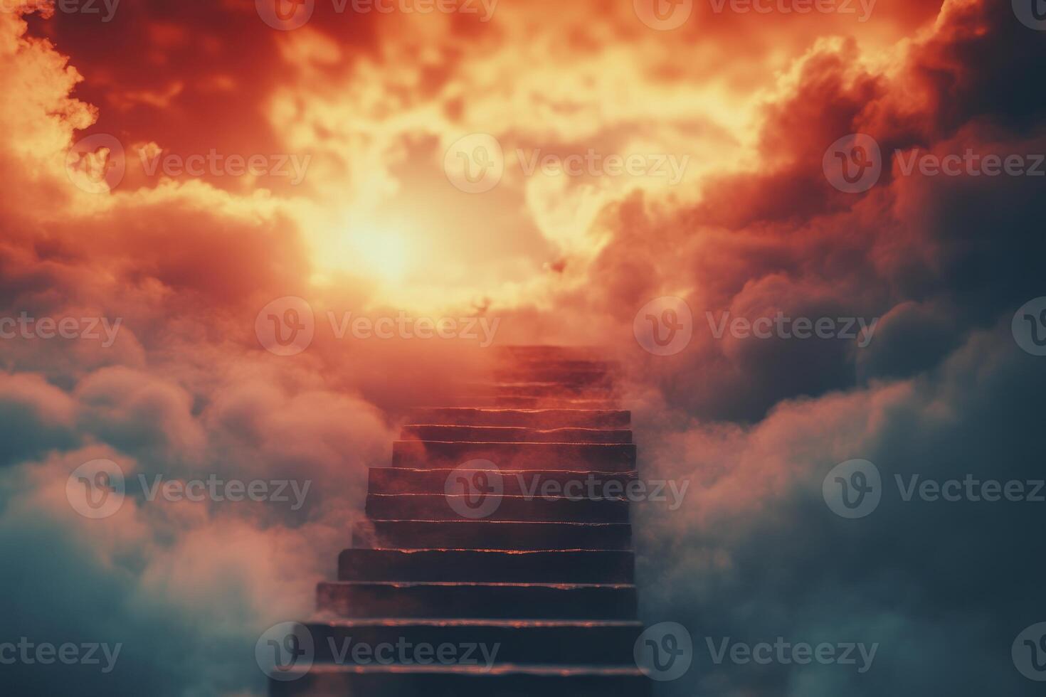 Stairway Leading Up Through Dramatic Clouds Toward a Bright Light photo