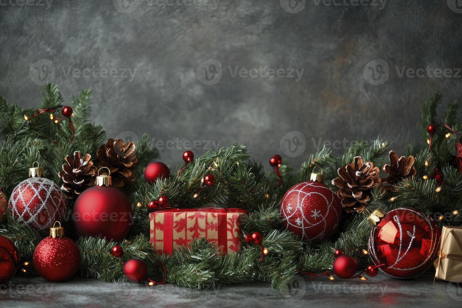 Festive Christmas Garland with Red Ornaments and Presents on Rustic Background photo