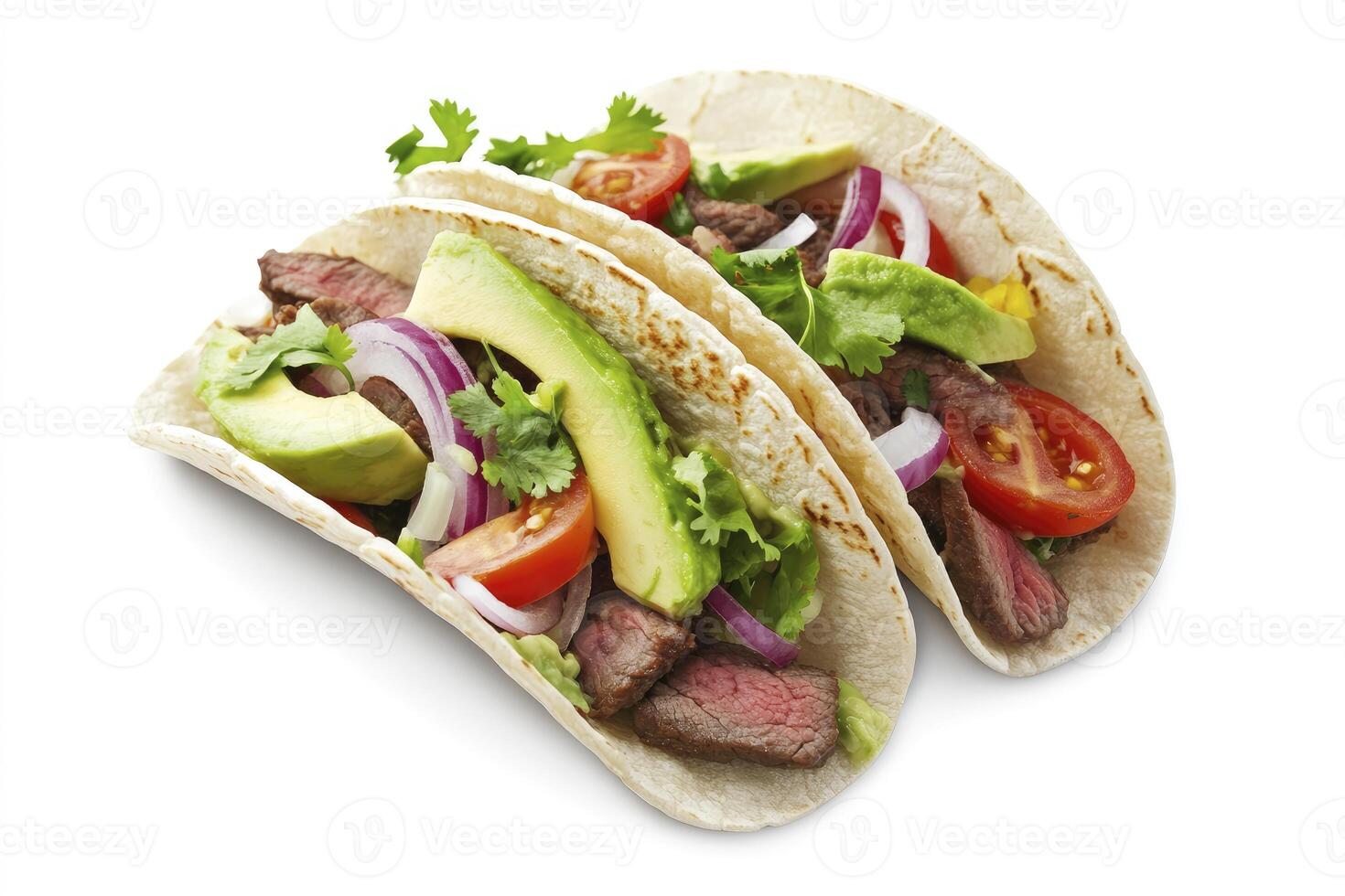 Delicious Steak Tacos with Avocado Tomato and Onion Ready to Eat photo