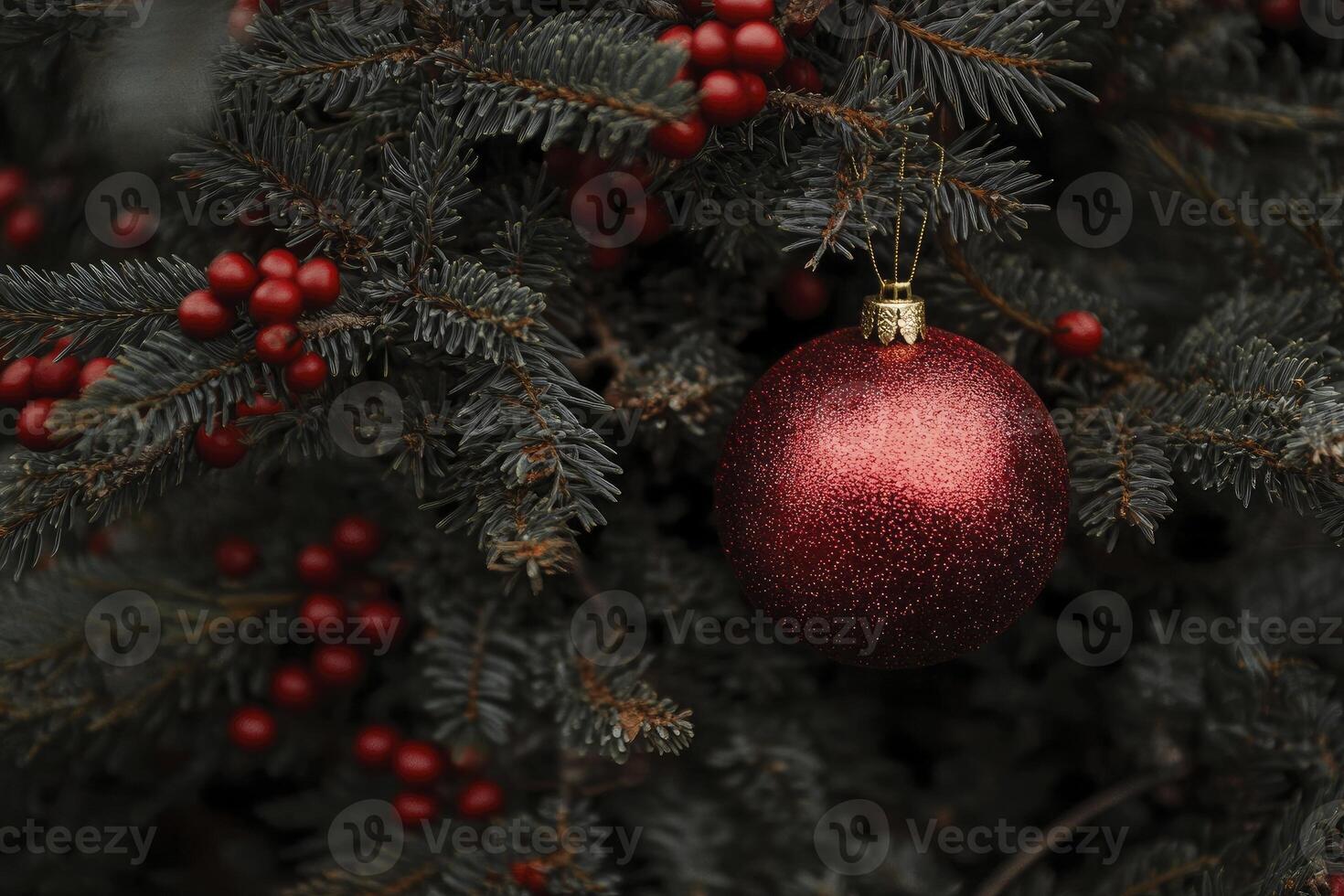 Hanging Red Christmas Ornament on a Pine Tree with Berries photo