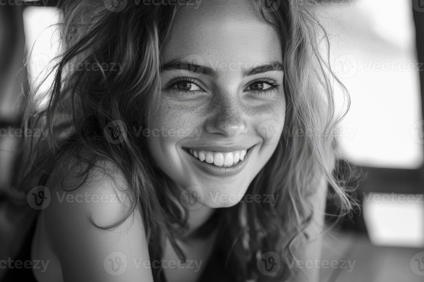 Smiling Woman Portrait with Freckles and Curly Hair in Monochrome Style photo