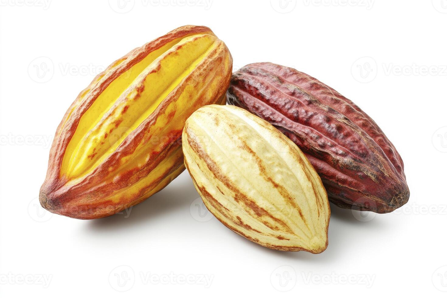 Three Cocoa Pods Displaying Various Colors and Ripeness Stages photo