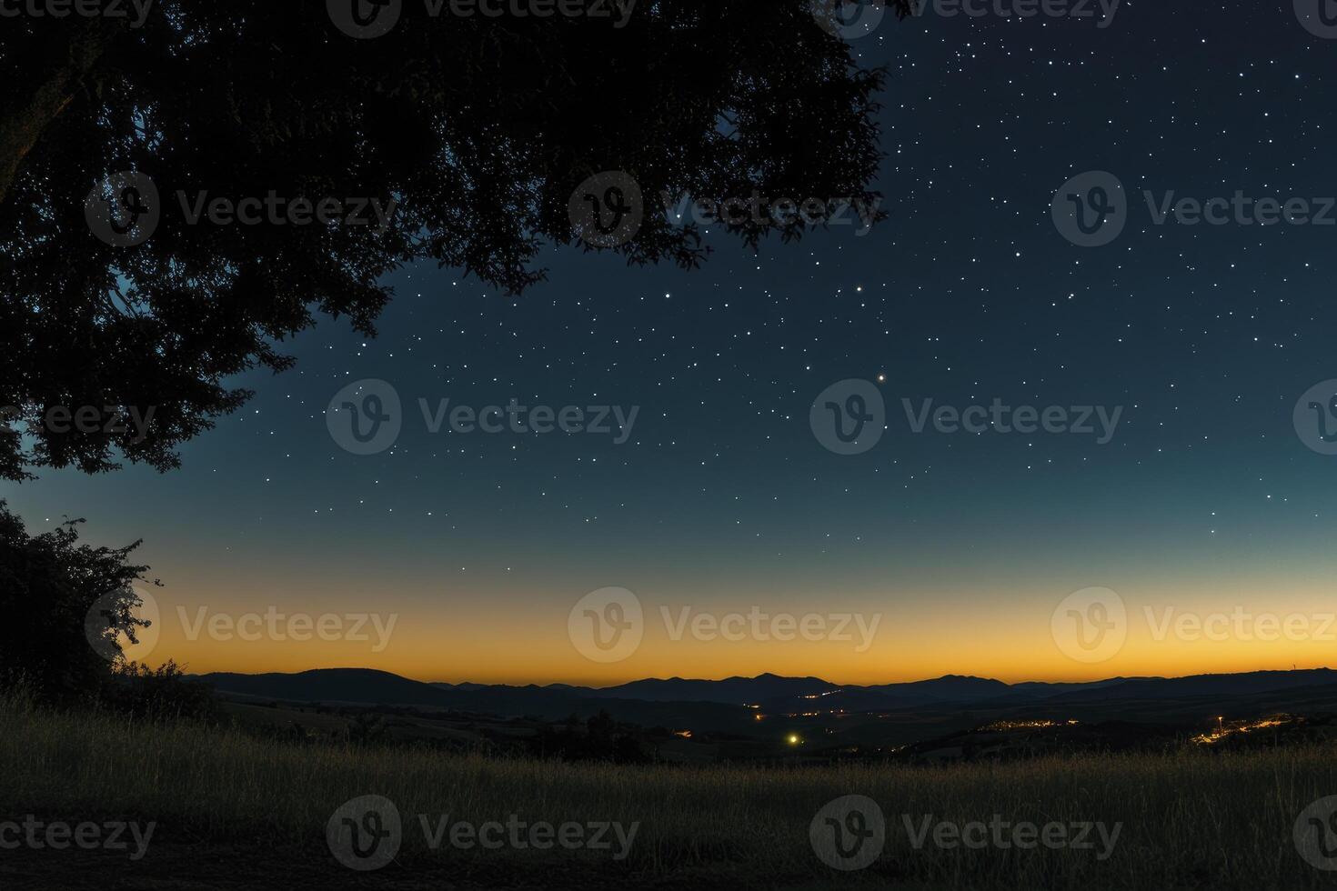 Gazing at Starry Night Sky Over Grassy Hillside During Twilight photo