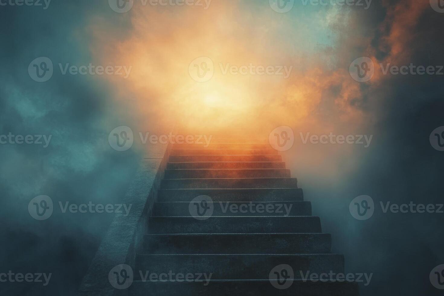 Ascending Stone Stairway Leading to Bright Light Through Foggy Clouds photo