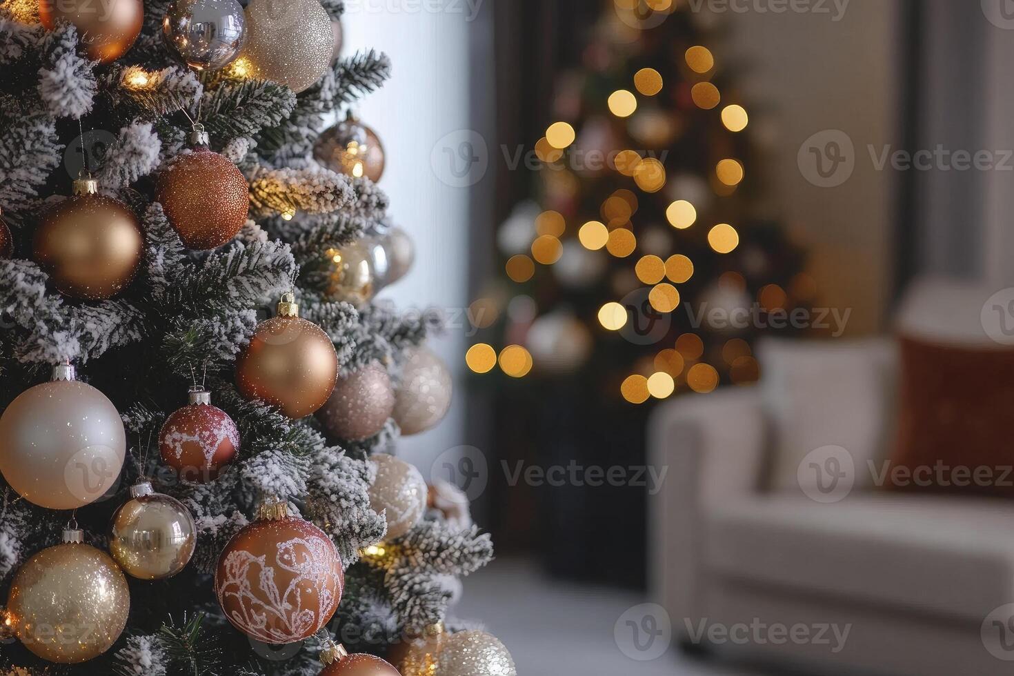 Decorated Christmas Tree with Ornaments and Lights in Warm Home Interior photo