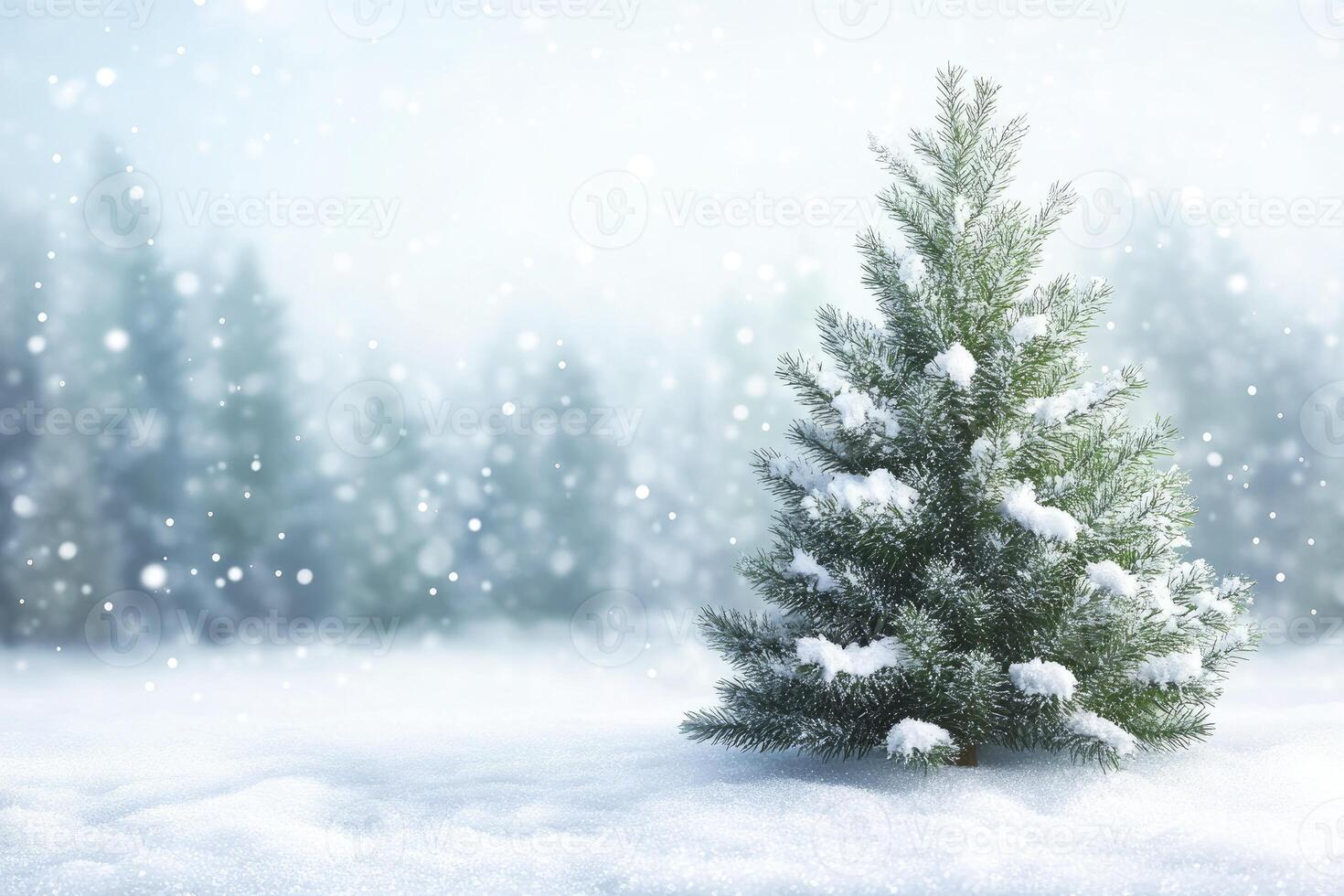Snowy Winter Scene with Evergreen Tree and Falling Snowflakes photo