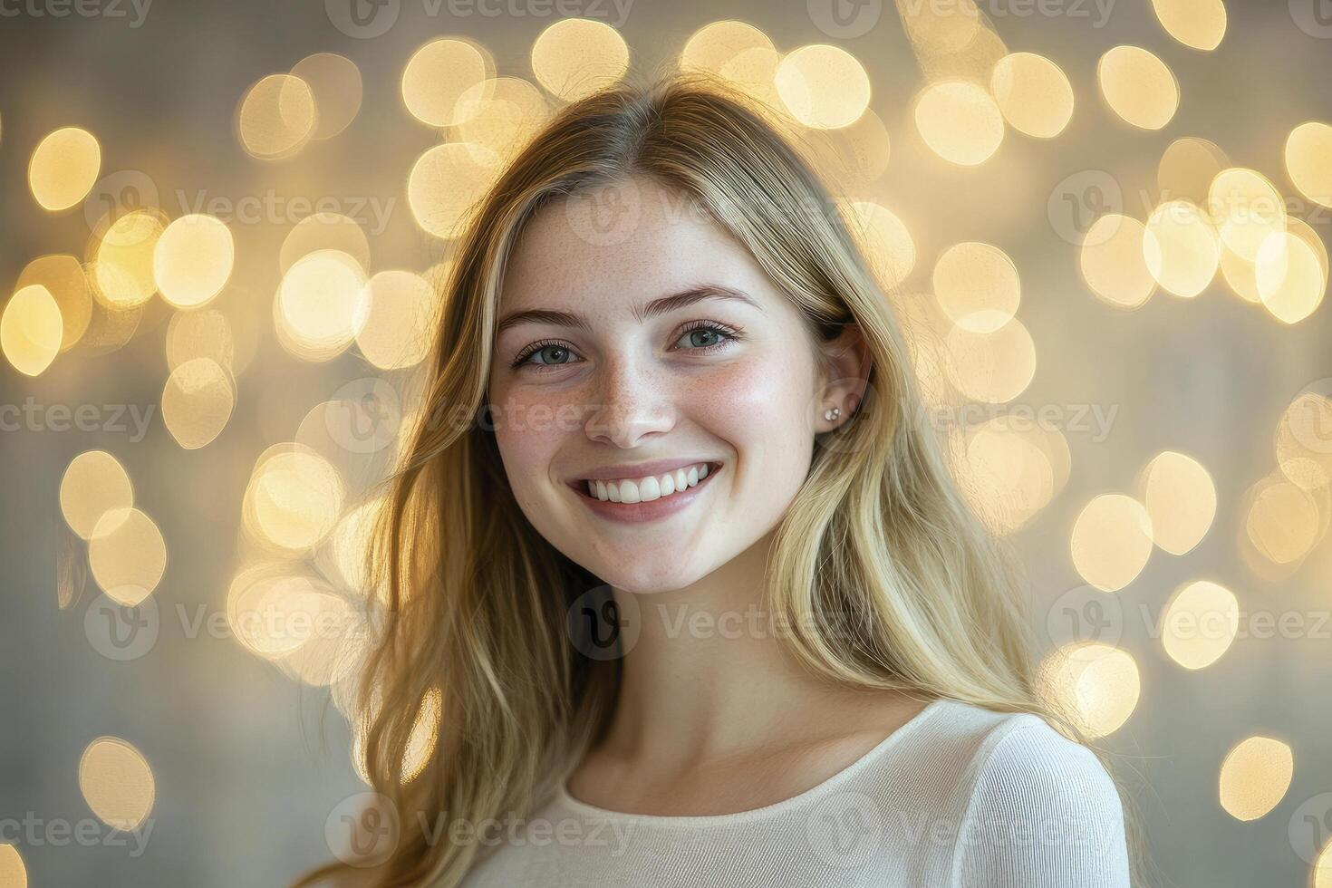 Smiling Woman with Long Blonde Hair Portrait Against Bokeh Lights Backdrop photo