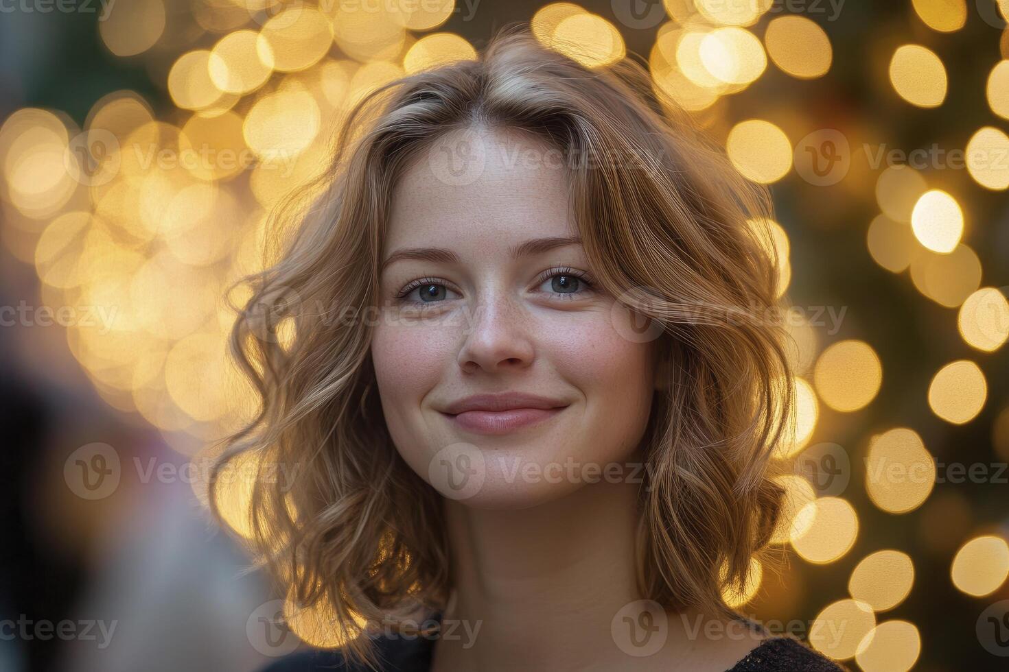 Smiling Woman Portrait with Festive Bokeh Lights in the Background photo
