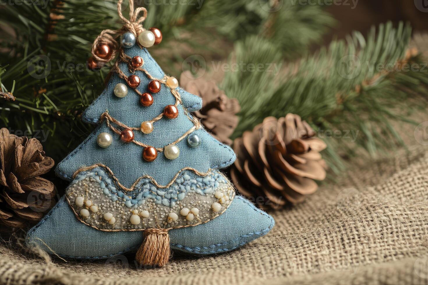 Handmade Christmas Tree Ornament with Pine Cones and Burlap photo
