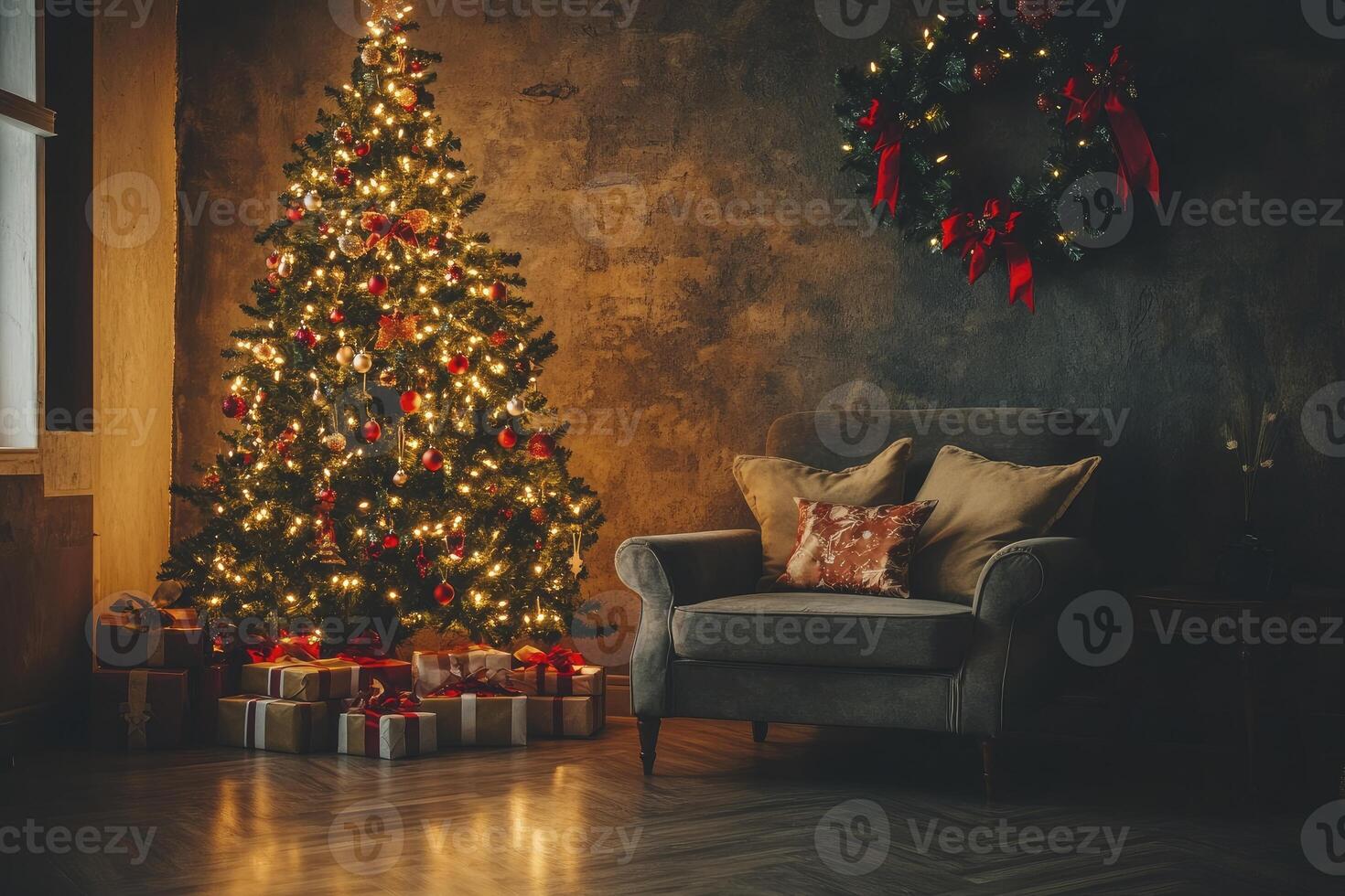 Decorated Christmas Tree and Wreath with Presents in Cozy Home photo
