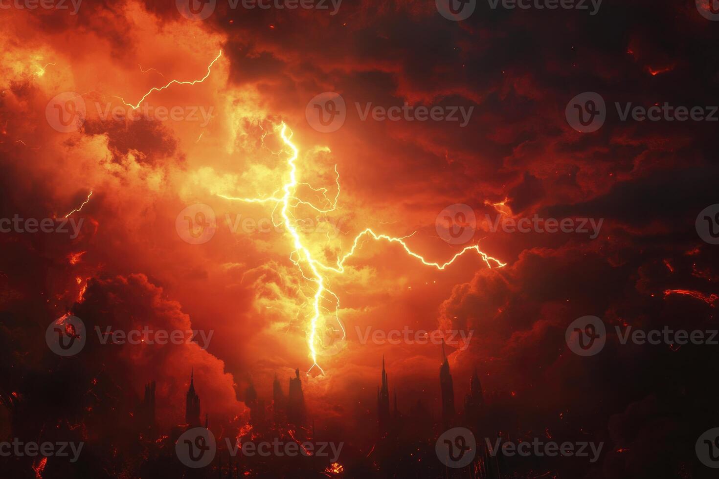 Lightning Strikes Over Apocalyptic Cityscape with Dramatic Red and Black Clouds photo