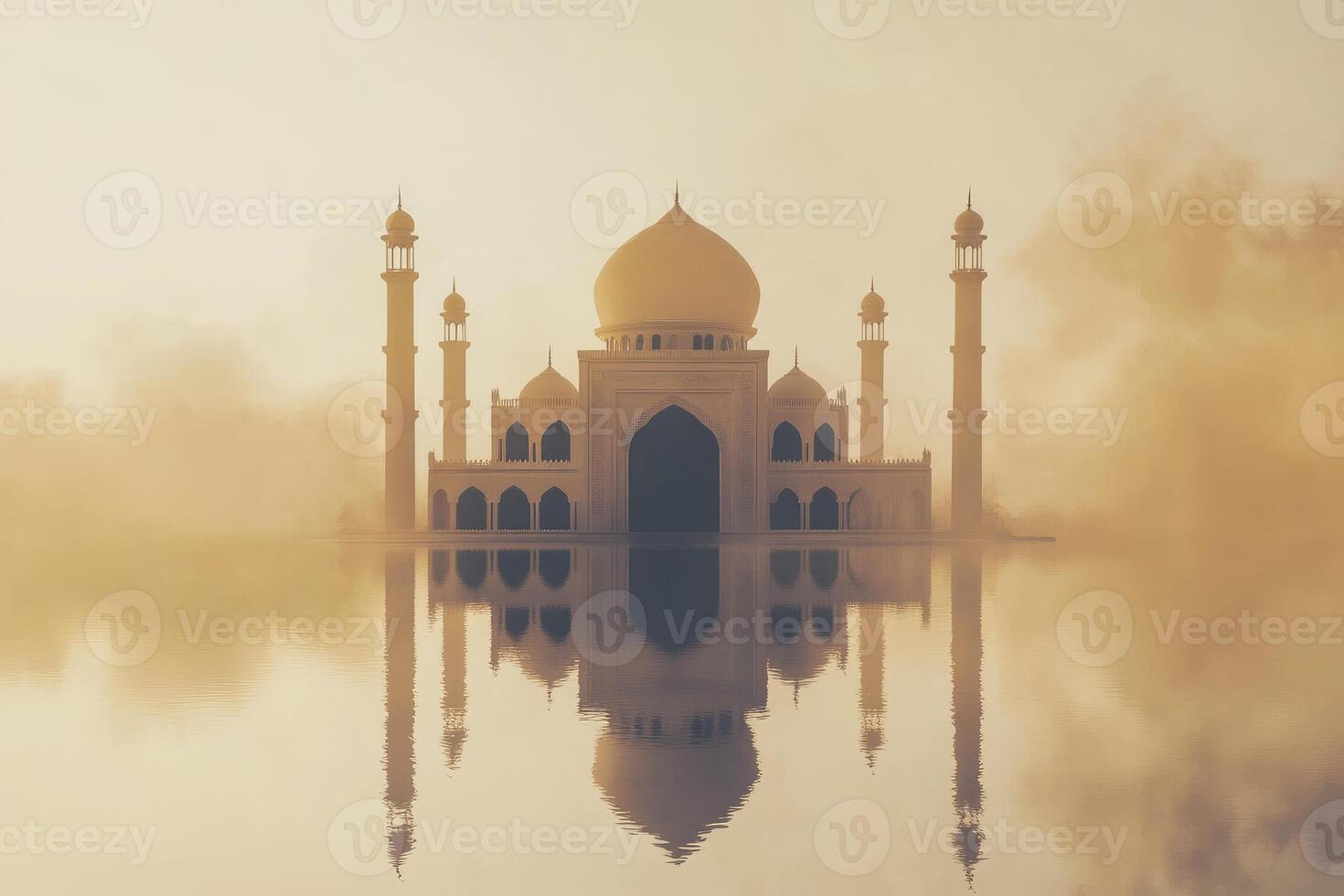 Taj Mahal Reflecting in Water on a Foggy Morning in India photo