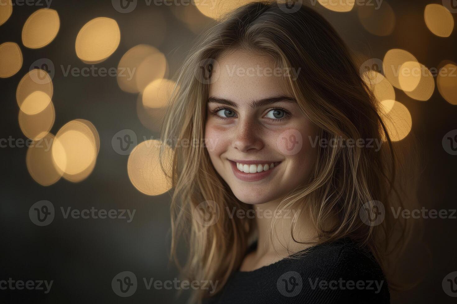 Smiling Young Woman Portrait with Golden Bokeh Lights Background Indoors photo